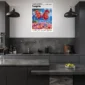 a kitchen with a poster on the wall