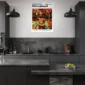 a kitchen with a poster on the wall