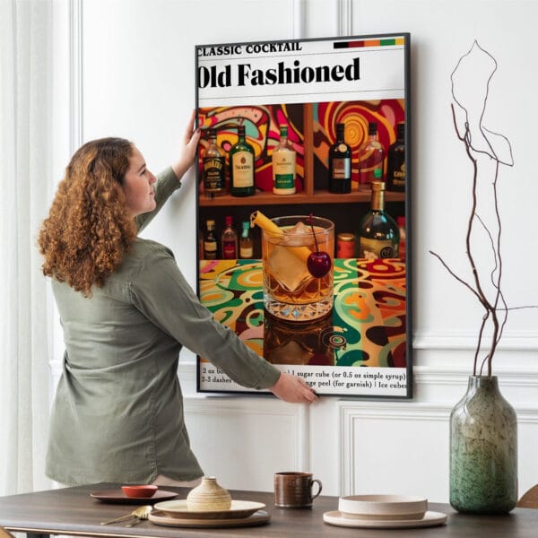 Picture frame mockup psd hanging on wall minimal interior design Old Fashioned cocktail print