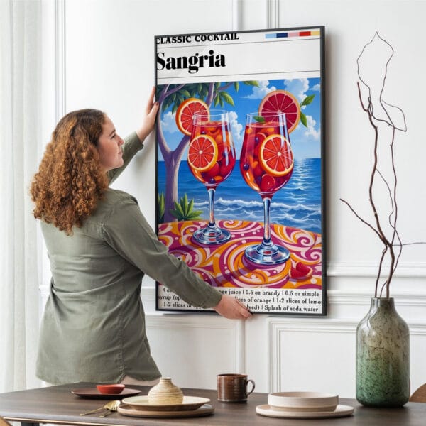 Picture frame mockup psd hanging on wall minimal interior design a woman a poster on a wall