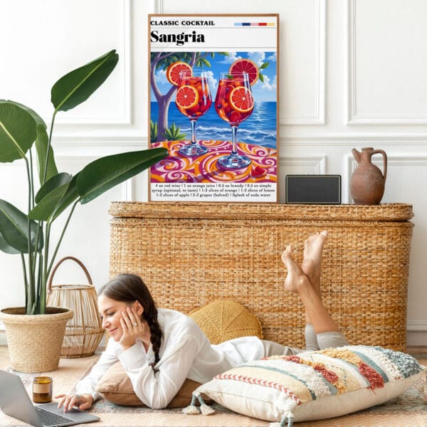 Picture frame mockup psd with bohemian home decor a woman lying on the floor with her legs up on a laptop