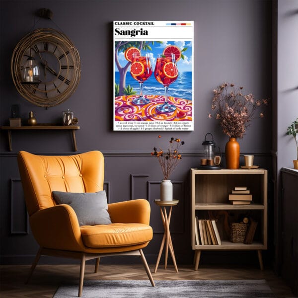 Sangria Orange chair a room with a chair and a poster on the wall