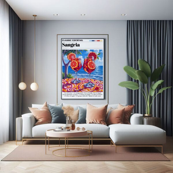 Sangria modern a living room with a couch and a poster on the wall