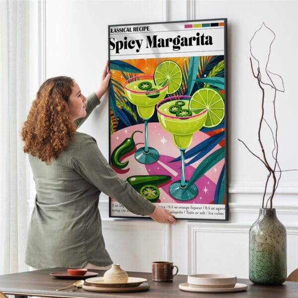 Picture frame mockup psd hanging on wall minimal interior design a woman a poster on a wall