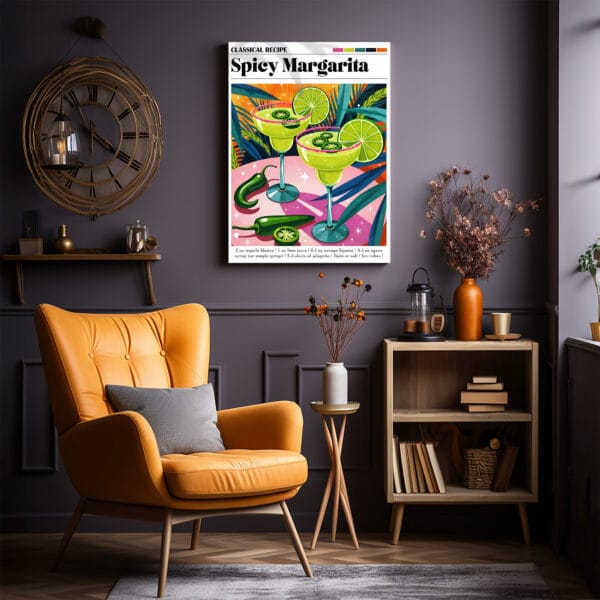 Spicy-Margarita Orange chair a chair and a poster on the wall