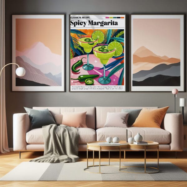 Spicy-Margarita modern 3 a living room with a couch and paintings on the wall