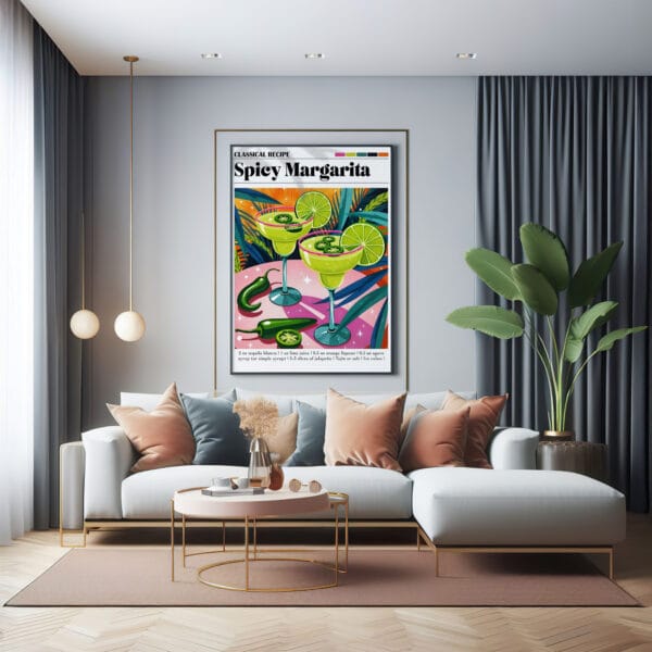 Spicy-Margarita modern a living room with a couch and a poster on the wall