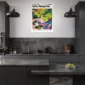 a kitchen with a poster on the wall