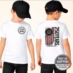 America 250th Kids Shirt – Vintage Flag Style, 100% Cotton Comfort, Distressed Flag Design, Ideal For Patriotic Events