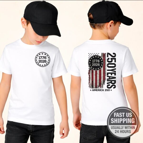 America 250th Kids Shirt – Vintage Flag Style, 100% Cotton Comfort, Distressed Flag Design, Ideal For Patriotic Events
