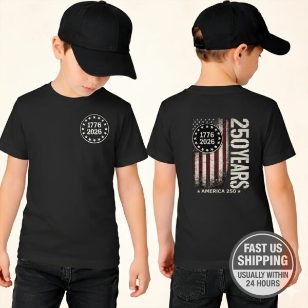 America 250th Kids Shirt – Vintage Flag Style, 100% Cotton Comfort, Distressed Flag Design, Ideal For Patriotic Events America 250th Kids Shirt – Vintage Flag Style, 100% Cotton Comfort, Distressed Flag Design, Ideal For Patriotic Events