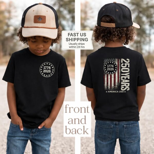 America 250th Kids Shirt – Vintage Flag Style, 100% Cotton Comfort, Distressed Flag Design, Ideal For Patriotic Events America 250th Kids Shirt – Vintage Flag Style, 100% Cotton Comfort, Distressed Flag Design, Ideal For Patriotic Events
