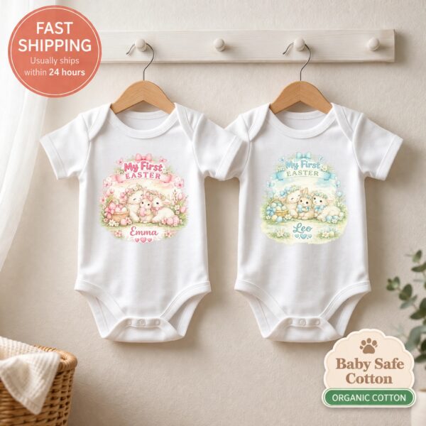 Custom Name Easter Bodysuit – Personalized First Easter Outfit, Adorable Bunny & Lamb Design, Perfect Baby Gift Custom Name Easter Bodysuit – Personalized First Easter Outfit, Adorable Bunny & Lamb Design, Perfect Baby Gift