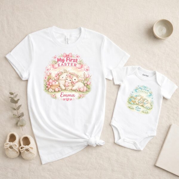 Custom Name Easter Bodysuit – Personalized First Easter Outfit, Adorable Bunny & Lamb Design, Perfect Baby Gift Custom Name Easter Bodysuit – Personalized First Easter Outfit, Adorable Bunny & Lamb Design, Perfect Baby Gift
