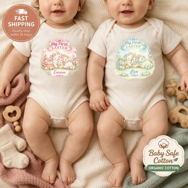 Custom Name Easter Bodysuit – Personalized First Easter Outfit, Adorable Bunny & Lamb Design, Perfect Baby Gift Custom Name Easter Bodysuit – Personalized First Easter Outfit, Adorable Bunny & Lamb Design, Perfect Baby Gift