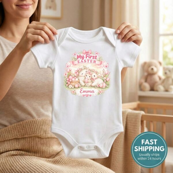 Custom Name Easter Bodysuit – Personalized First Easter Outfit, Adorable Bunny & Lamb Design, Perfect Baby Gift Custom Name Easter Bodysuit – Personalized First Easter Outfit, Adorable Bunny & Lamb Design, Perfect Baby Gift