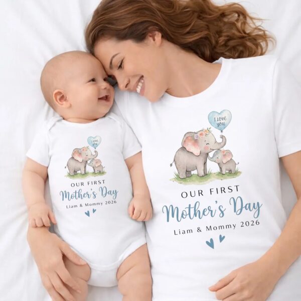 First Mother’s Day Matching Outfit – Mom and Baby Boy Set, Personalized Baby Bodysuit & Mom Shirt, Our First Mother’s Day Gift