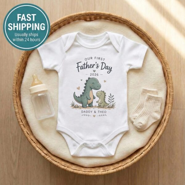 First Father’s Day Matching Set, Daddy & Baby Dino Personalized Outfit first fathers day matching set baby bodysuit front view