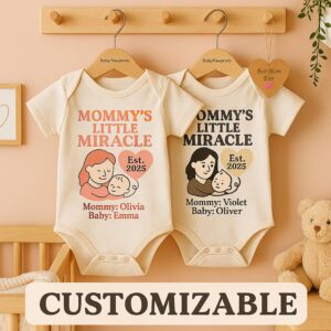 Custom Baby Onesie – Mommy’s Little Miracle Bodysuit, Personalized Baby Name & Est Year, Baby Shower or Rainbow Baby Gift 2025