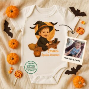 Custom Halloween Baby Bodysuit – Photo to Witch Illustration with Name | First Halloween Onesie | Spooky Fall Baby Gift | Pumpkin Moon Suit