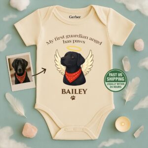 Guardian Angel Baby Onesie – Custom Pet Illustration Bodysuit – Dog Cat Baby Gift, My Pet My Angel Outfit, Personalized Pet Keepsake