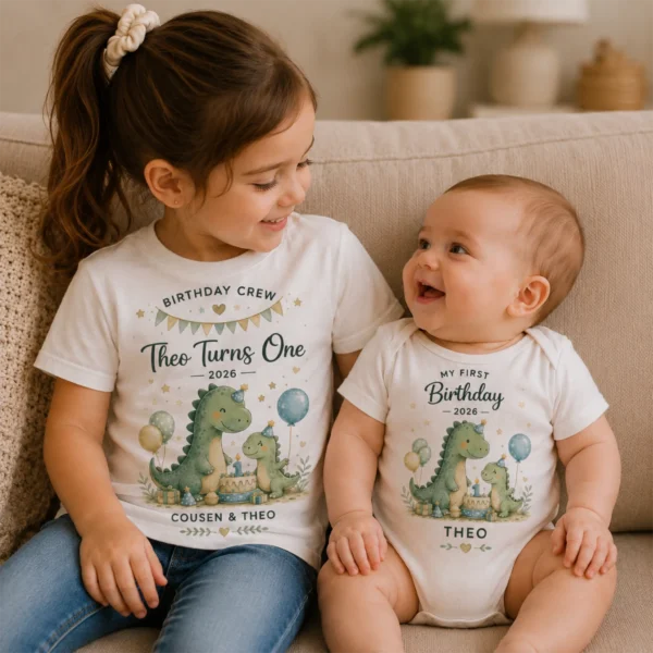 my-first-birthday-12 My First Birthday Dino Shirts baby bodysuit product photo