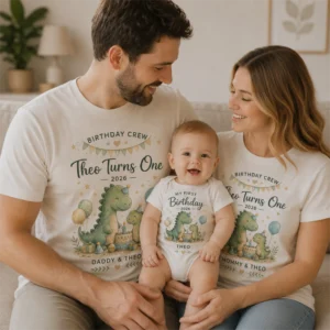 My First Birthday Dino Shirts baby bodysuit