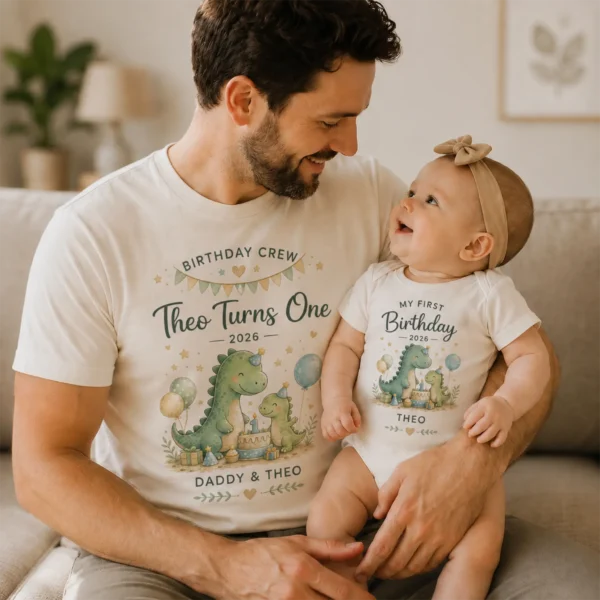 my-first-birthday-3 My First Birthday Dino Shirts baby bodysuit styled product photo