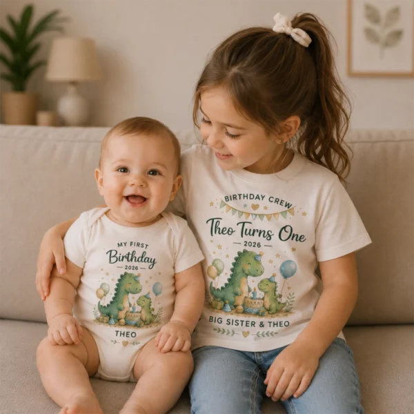 my-first-birthday-5b My First Birthday Dino Shirts baby bodysuit product photo