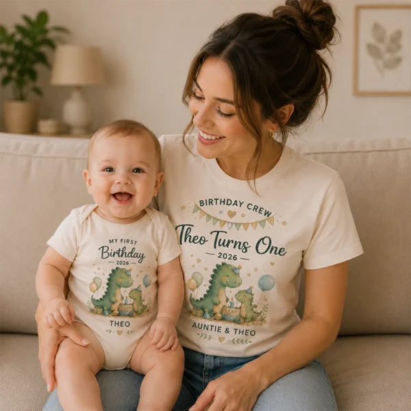 my-first-birthday-7 My First Birthday Dino Shirts baby bodysuit product photo