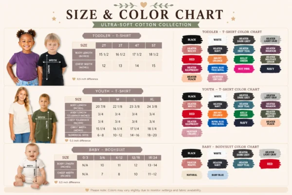 n-size-color-chart-baby-toddler-youth My First Birthday Dino Shirts baby bodysuit size detail
