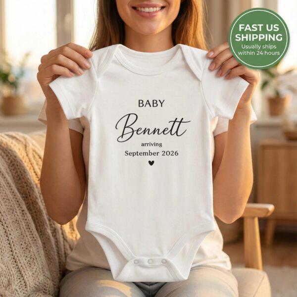 Pregnancy Announcement Baby Bodysuit, Custom Last Name Baby Reveal Outfit pregnancy announcement baby bodysuit lifestyle scene