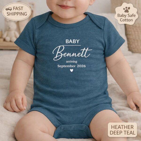 Pregnancy Announcement Baby Bodysuit, Custom Last Name Baby Reveal Outfit pregnancy announcement baby bodysuit styled product photo