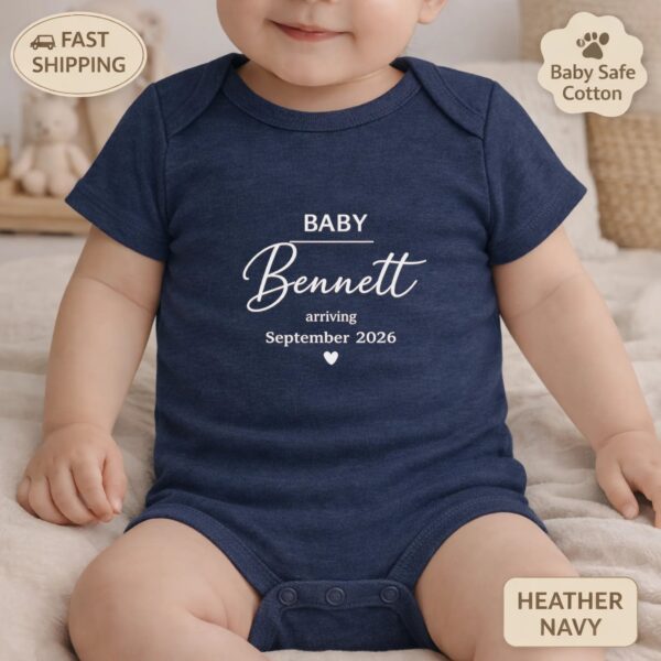 Pregnancy Announcement Baby Bodysuit, Custom Last Name Baby Reveal Outfit pregnancy announcement baby bodysuit product detail