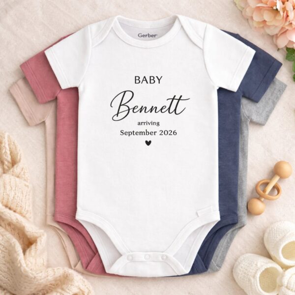 Pregnancy Announcement Baby Bodysuit, Custom Last Name Baby Reveal Outfit pregnancy announcement baby bodysuit alternate angle