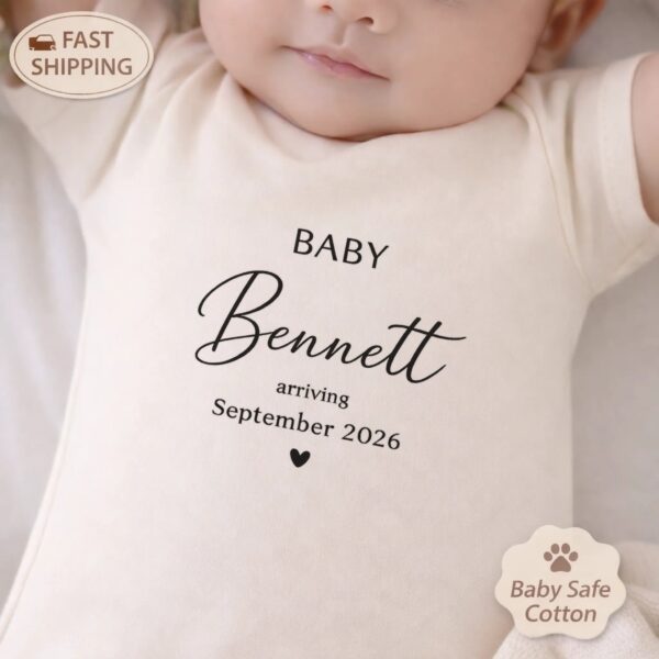 Pregnancy Announcement Baby Bodysuit, Custom Last Name Baby Reveal Outfit pregnancy announcement baby bodysuit product photo