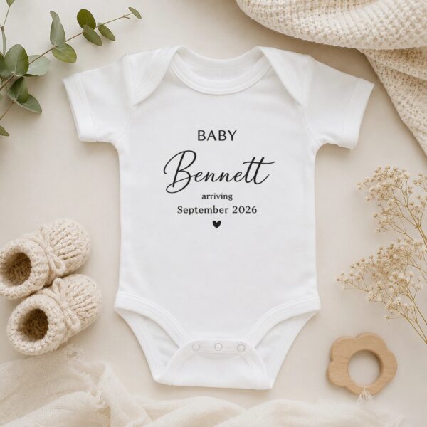 Pregnancy Announcement Baby Bodysuit, Custom Last Name Baby Reveal Outfit pregnancy announcement baby bodysuit