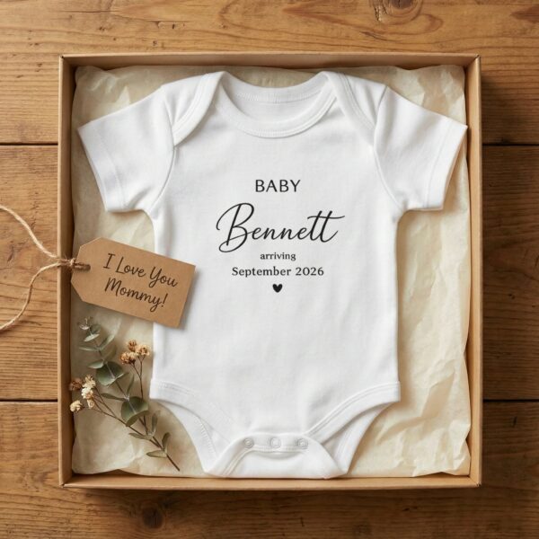 Pregnancy Announcement Baby Bodysuit, Custom Last Name Baby Reveal Outfit pregnancy announcement baby bodysuit product photo