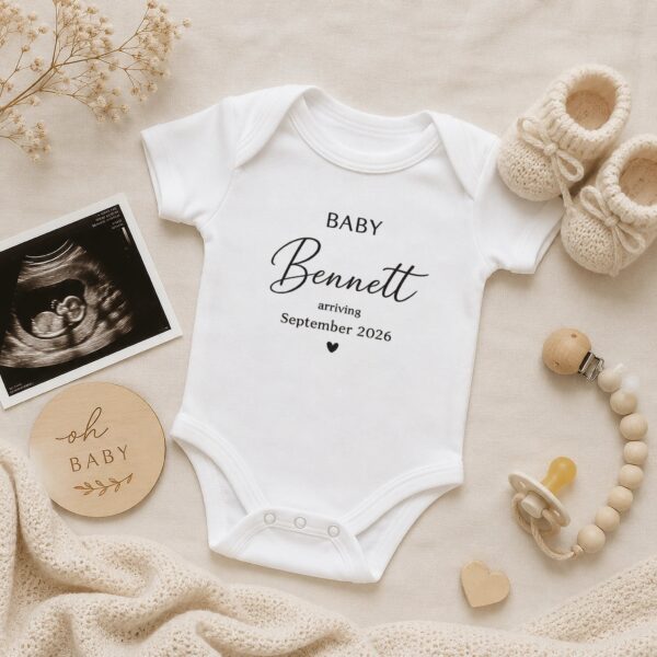 Pregnancy Announcement Baby Bodysuit, Custom Last Name Baby Reveal Outfit pregnancy announcement baby bodysuit product photo