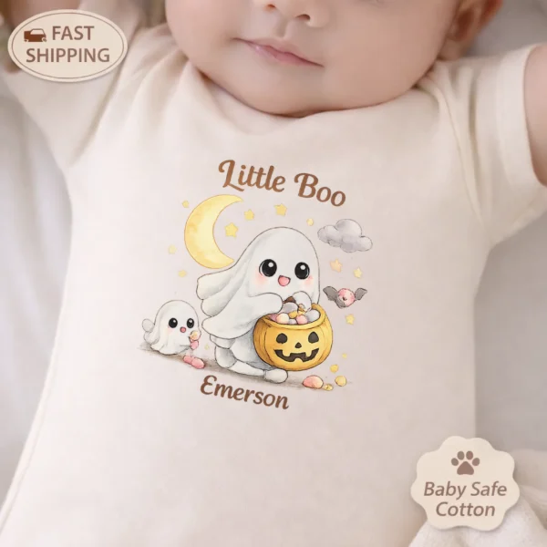 Personalized Halloween Ghost Family Matching Shirt or Bodysuit — baby bodysuit mockup personalized halloween family matching ghost shirt baby bodysuit lifestyle scene