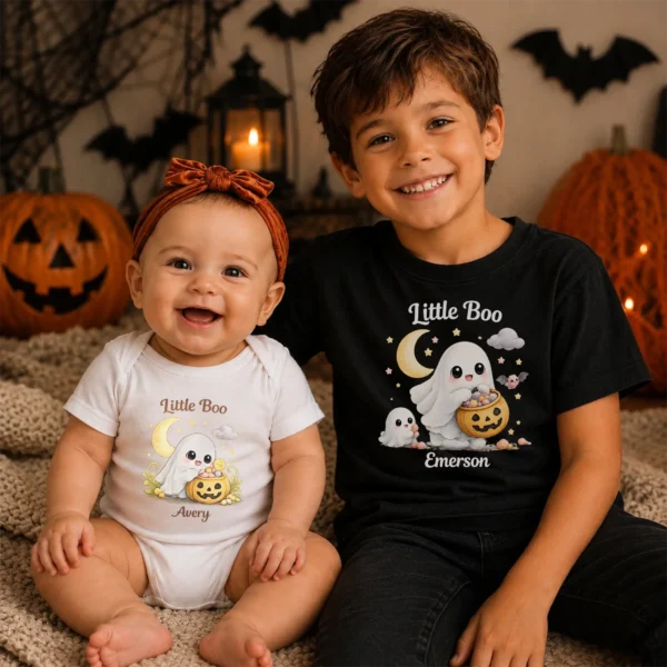 Personalized Halloween Ghost Family Matching Shirt or Bodysuit — sibling matching set mockup personalized halloween family matching ghost shirt baby bodysuit product photo