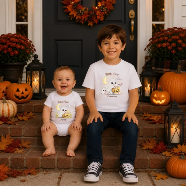 Personalized Halloween Ghost Family Matching Shirt or Bodysuit — sibling matching set mockup personalized halloween family matching ghost shirt baby bodysuit product photo