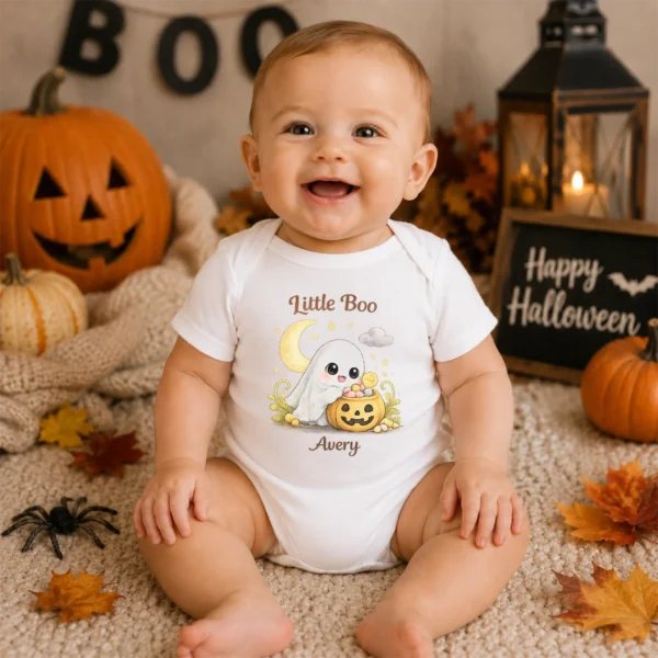 Personalized Halloween Ghost Family Matching Shirt or Bodysuit — sibling matching set mockup personalized halloween family matching ghost shirt baby bodysuit product photo