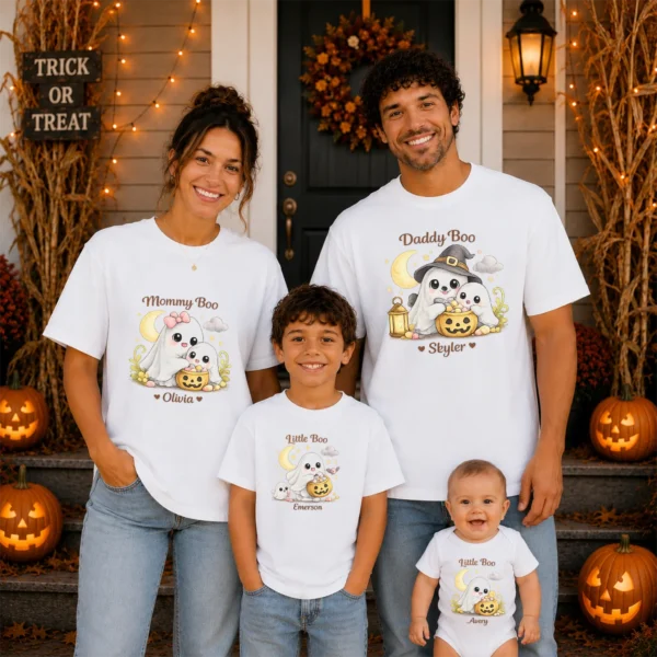 Personalized Halloween Ghost Family Matching Shirt or Bodysuit — family matching set mockup personalized halloween family matching ghost shirt baby bodysuit product photo