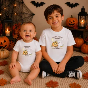 personalized pumpkin ghost Halloween shirt and baby bodysuit product mockup
