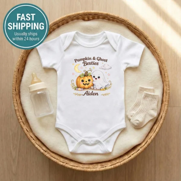 GeneratePost mockup 2 personalized pumpkin ghost Halloween shirt and baby bodysuit alternate product mockup
