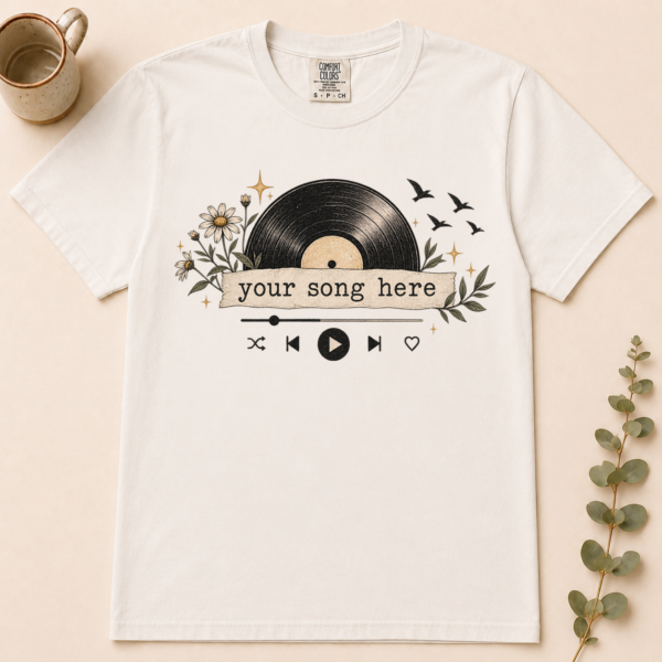 1 vinyl record t-shirt front view
