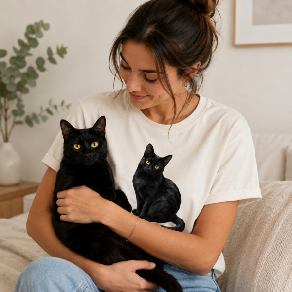 18A8CB69-862C-48C1-B40A-7CA2133755EB geometric black cat shirt t-shirt lifestyle scene