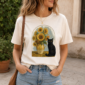 black cat sunflower shirt t-shirt close-up detail