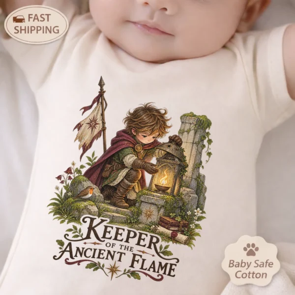 Ancient Flame Guardian Baby Bodysuit or Toddler Shirt — baby bodysuit mockup ancient flame guardian baby bodysuit styled product photo